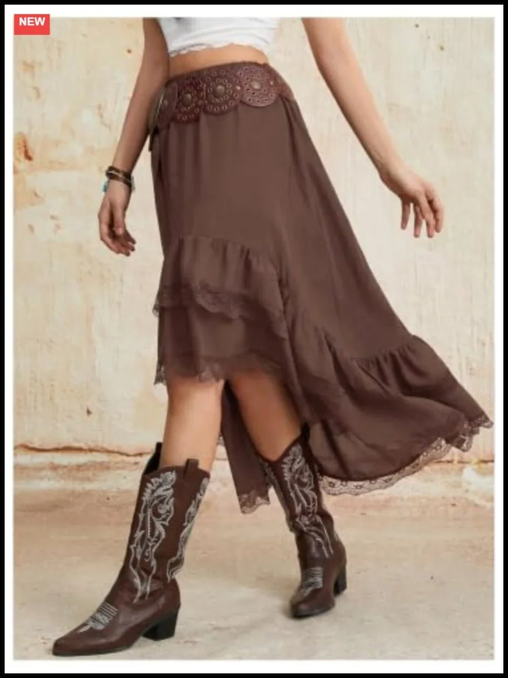Women's Western Cowgirl Boho Lace Skirt Flowy Country Concert Outfit